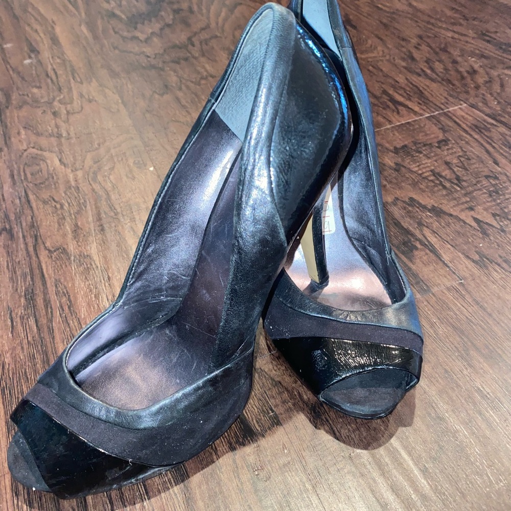 Black stiletto open toe heels